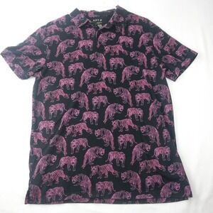 APT 9Tiger All Over Print Button Up Shirt Men's M Black Pink Short Sleeve